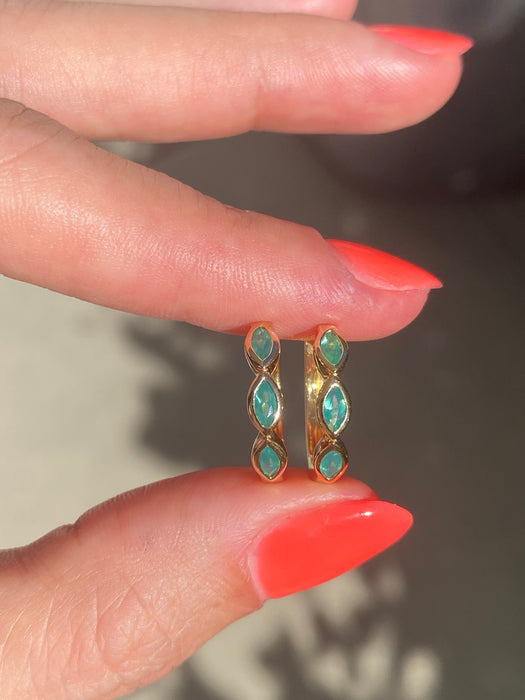 14k bezel set marquise green agate huggie earrings