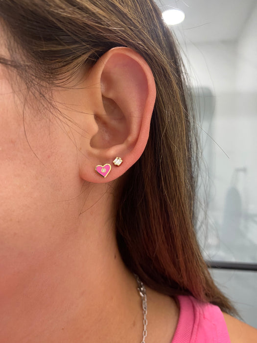 14K Gold Pink Enamel Diamond Heart Stud Earrings