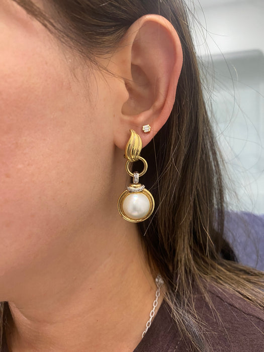 Vintage 14K Diamond & Mabe Pearl Omega Back Earrings