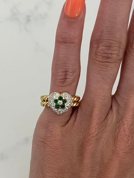 Vintage 18K Gold Braided Diamond Heart Emerald Flower Ring