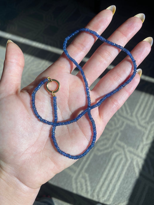 14k Gold Blue Sapphire Beaded Necklace With 14k Connector Charm 16.75”