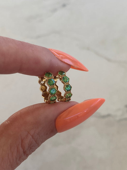 14K Gold Hexagon Tsavorite Garnet Huggie Earrings