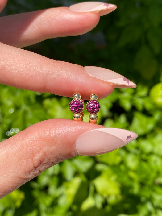 14K Gold Ruby Beaded Huggie Earrings