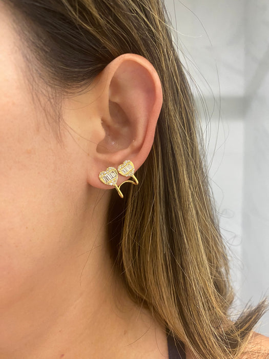 Vintage 18K Gold Diamond Double Heart Stud Earrings – 1 CTW Baguette & Round Diamonds
