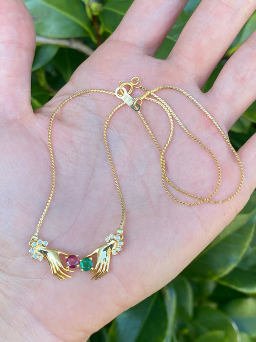 Vintage 18K Gold Hand Necklace with Ruby, Emerald & Diamond Accents – 16.25”