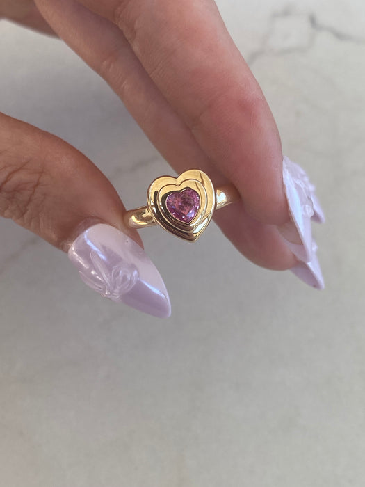 14K Gold Natural Pink Sapphire Double Bezel Heart Ring