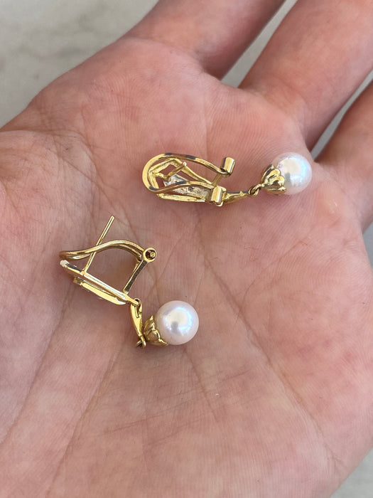 Vintage 14K Pearl & Diamond Omega Back Earrings