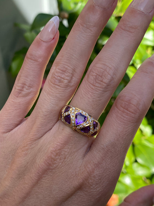 Vintage 18K Gold Amethyst Heart Ring with Diamond Accents – Size 7