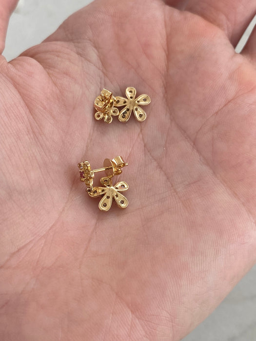 14K Yellow Gold Sapphire & Champagne Diamond Flower Drop Earrings