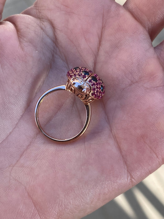 18K Rose Gold Ladybug Garnet, Ruby & Diamond Ring