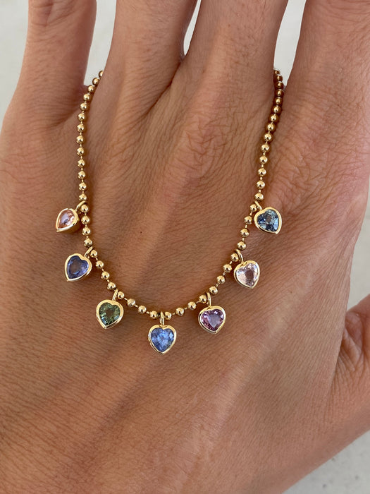 14K Gold Multi-Color Sapphire Heart Bead Bracelet