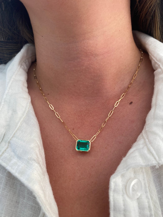 14K Gold Paperclip Chain Necklace with Lab-Grown Emerald Pendant