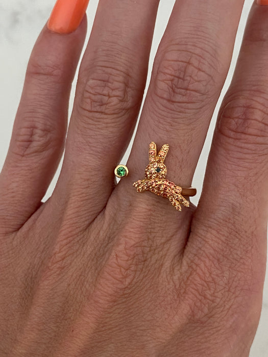 Vintage 18K Gold Orange Sapphire Rabbit Ring with Black Diamond Eye & Emerald Accent