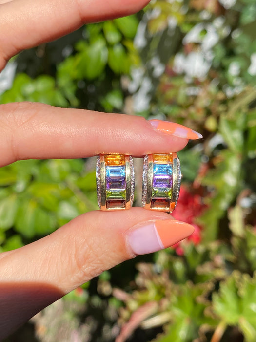 14k rainbow diamond omega earrings