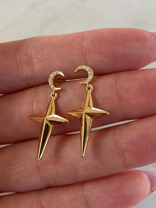 14k Gold Diamond Crescent Moon & Star Drop Earrings
