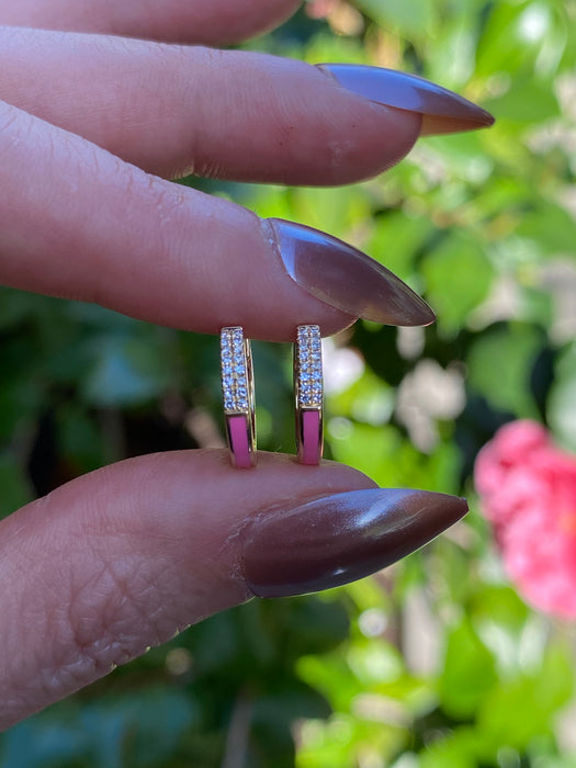 14K Gold Pink Enamel & Pavé Diamond Huggie Earrings – 12mm