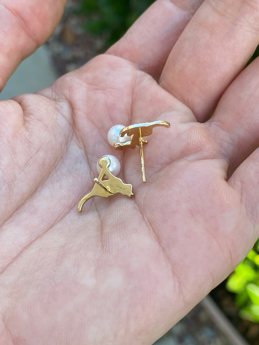 14k diamond cat pearl stud earrings