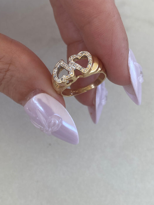 Vintage 14K Gold Double Heart Diamond Pinky Ring