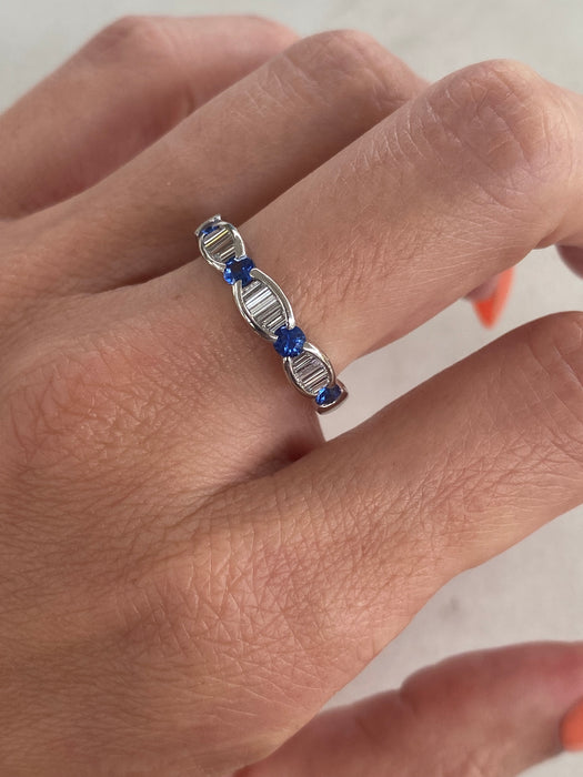 Vintage Platinum 900 Blue Sapphire & Baguette Diamond Band Ring | 0.72 TCW | Size 7.5