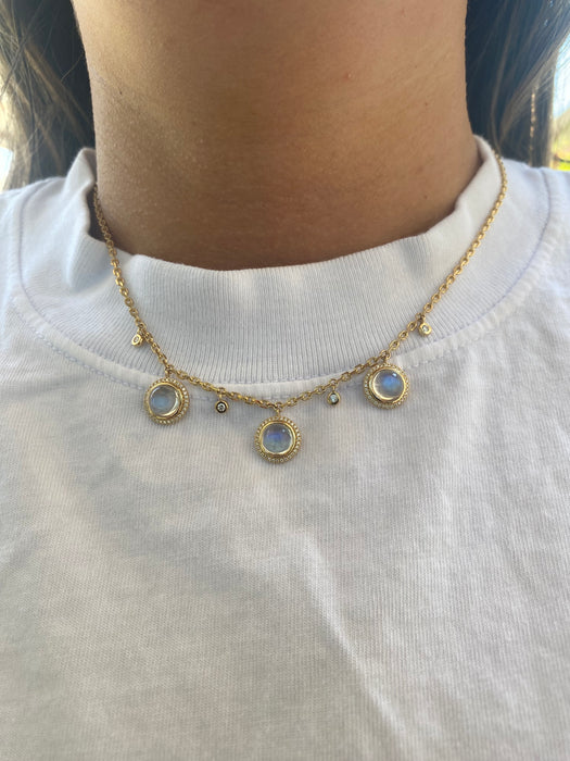 14K Gold Natural Moonstone & Diamond Biker Chain Necklace