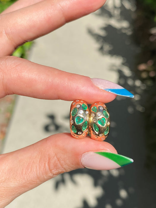 14k emerald fancy diamond heart hoop earrings