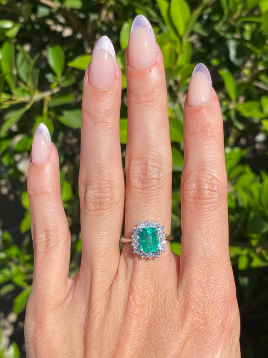 Vintage Platinum 900 Natural Emerald & Diamond Halo Ring