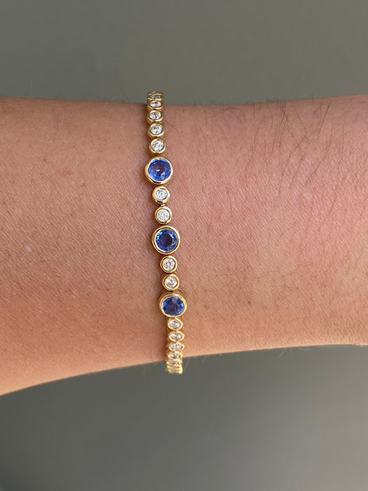 14k Bezel Set Natural Diamond & Blue Sapphire Tennis Bracelet