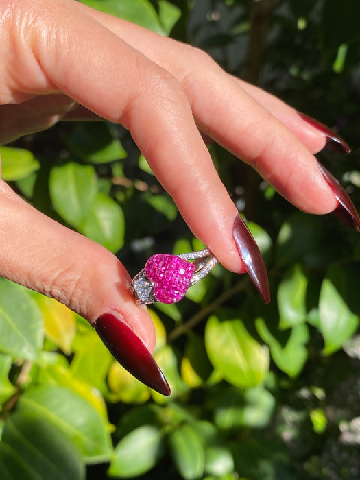 18k white gold invisible set ruby diamond heart ring size 8.5