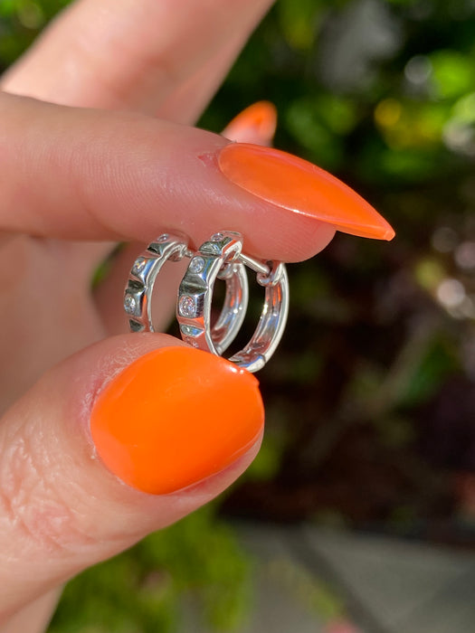 14K White Gold Diamond Square Huggie Earrings