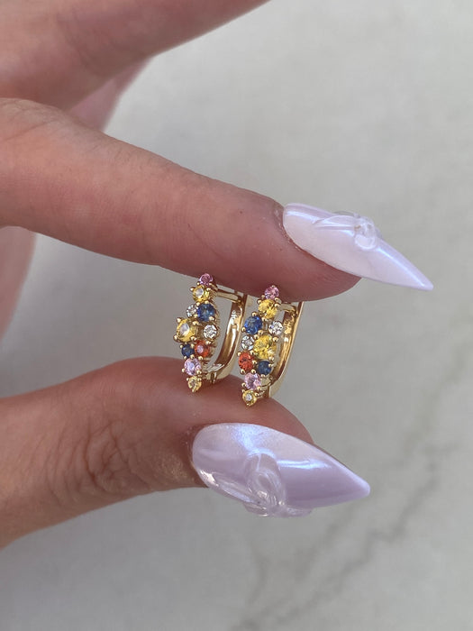 14K Gold Natural Rainbow Sapphire & Diamond Huggie Earrings