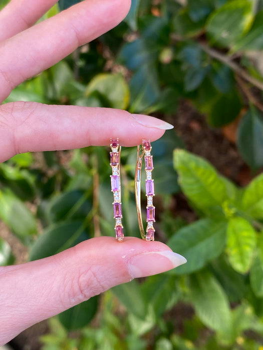 14k pink sapphire and diamond hoop earrings