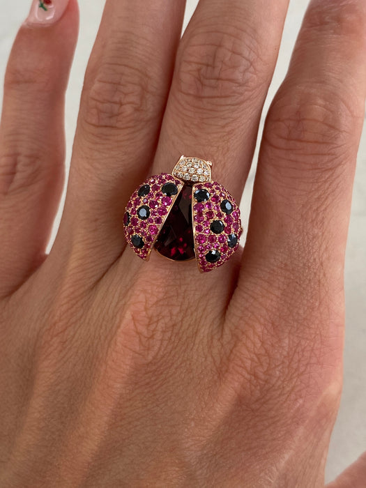 18K Rose Gold Ladybug Garnet, Ruby & Diamond Ring