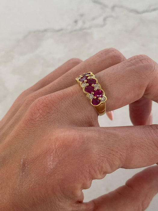 Vintage 18k Gold Bezel Cluster Ruby Diamond Ring