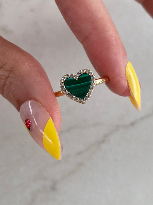10K Gold Malachite Heart Halo Ring with Lab White Sapphire – Size 6.75