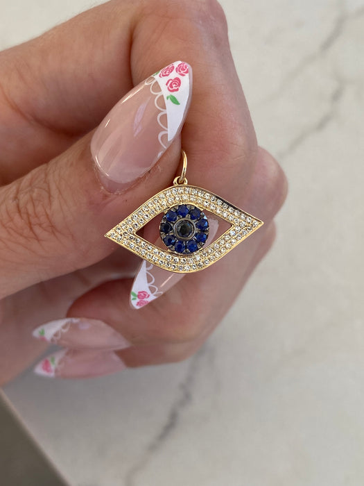 14K Gold Diamond & Sapphire Evil Eye Charm