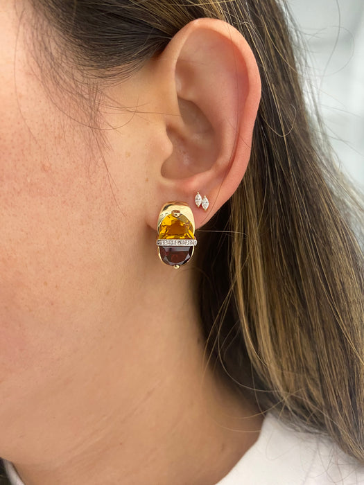 Vintage 14K Gold Garnet, Citrine & Diamond Half Moon Earrings with Omega Backs