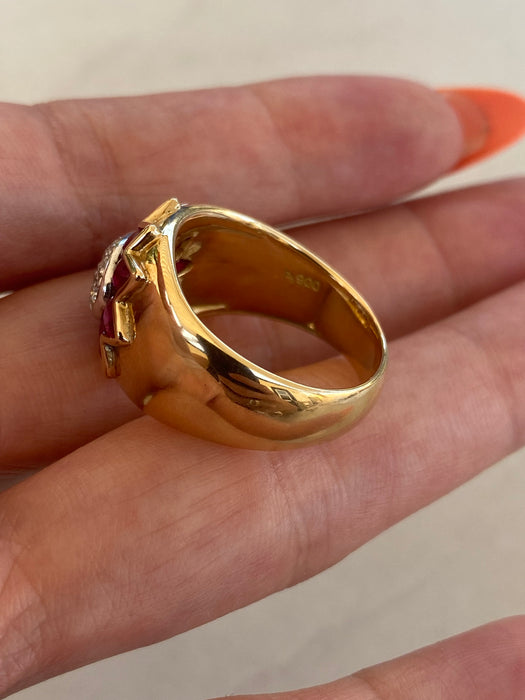 Vintage 18K / Platinum 900 Ruby & Diamond Sunburst Cigar Band Ring