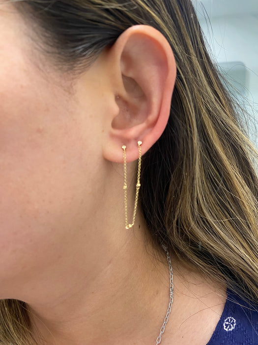 14K Gold Single Bezel Chain Double Piercing Earring