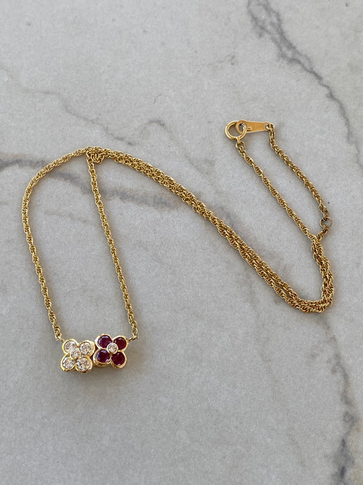Vintage 18K Ruby & Diamond Flower Rope Chain Necklace