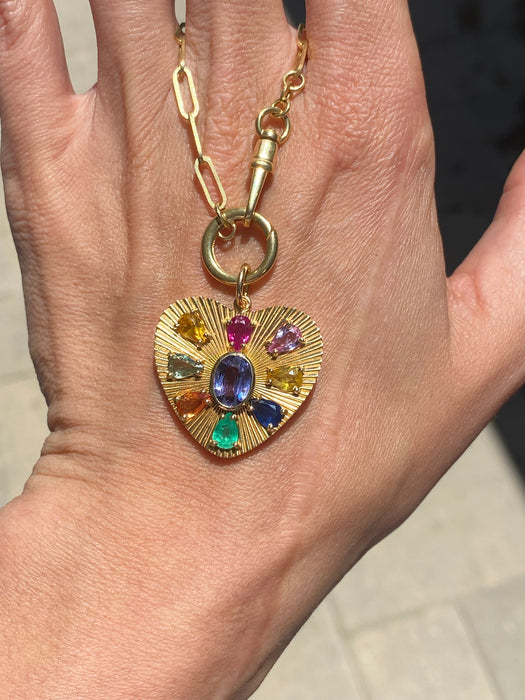 14K Gold Fluted Rainbow Gemstone Heart Charm -  5.31 TCW