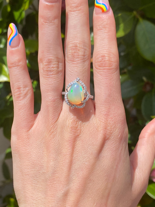 Platinum 900 opal and diamond ring size 6.5