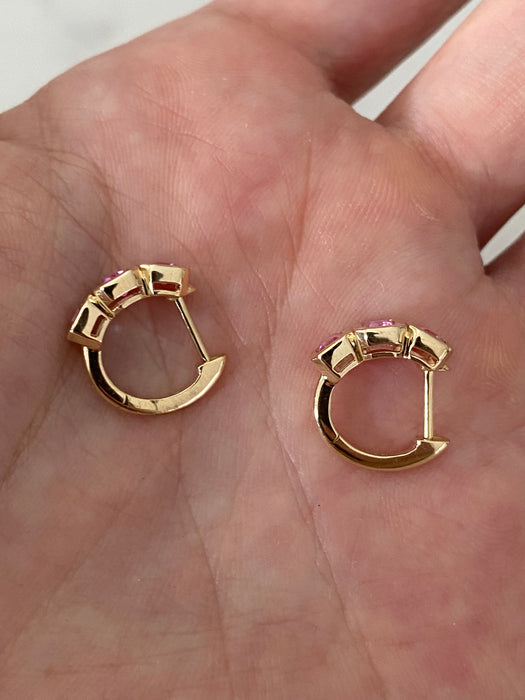 14K Bezel Set Lab Pink Sapphire Emerald Cut Huggie Earrings