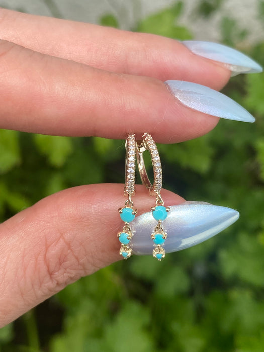 14K Gold Diamond Huggie Earrings with Turquoise Dangle Charms