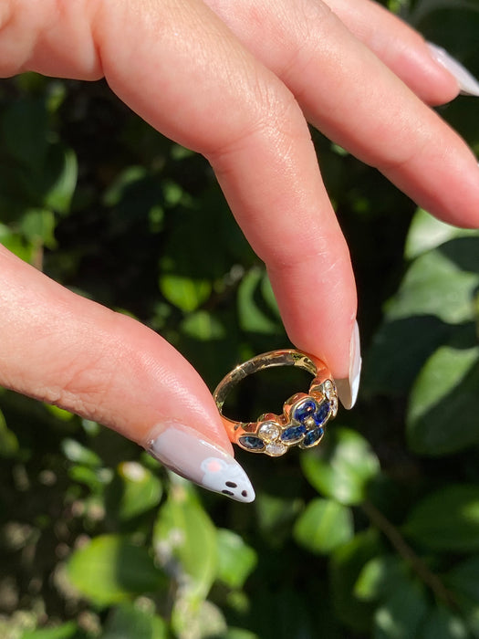 18k blue sapphire and diamond flower ring size 5