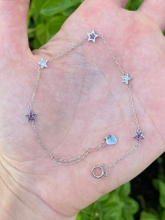 Vintage Platinum Diamond & Ruby Star Bracelet (Adjustable 6.5–7.75”)
