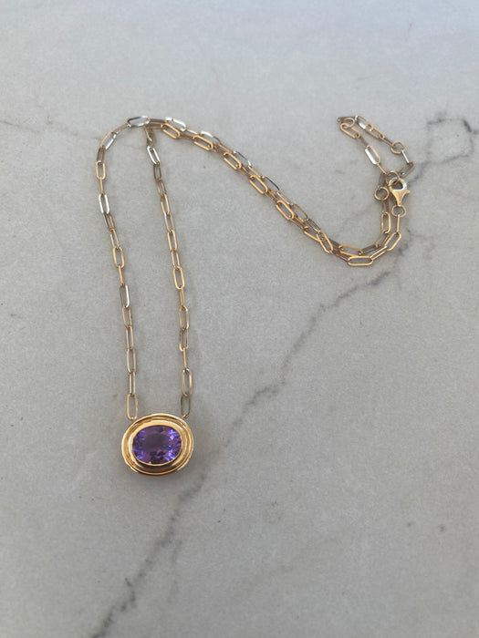 14K Gold East-West Amethyst Paperclip Necklace