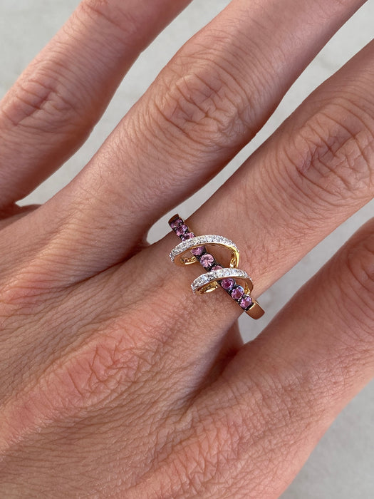 14K Gold Pink Sapphire & Diamond Swirl Ring Size 7
