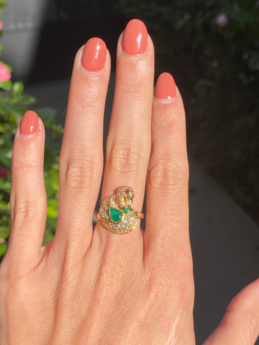 18k diamond emerald ruby swan ring size 5.75