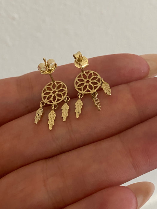 14K Gold Dreamcatcher Stud Earrings with Moving Feather Charms
