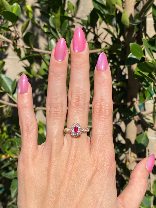 Vintage 18K Gold Ruby & Diamond Halo Ring